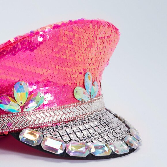 Accessories - Hot Pink Sequin Rhinestone Captain Hat | Festival Hat | Statement Piece